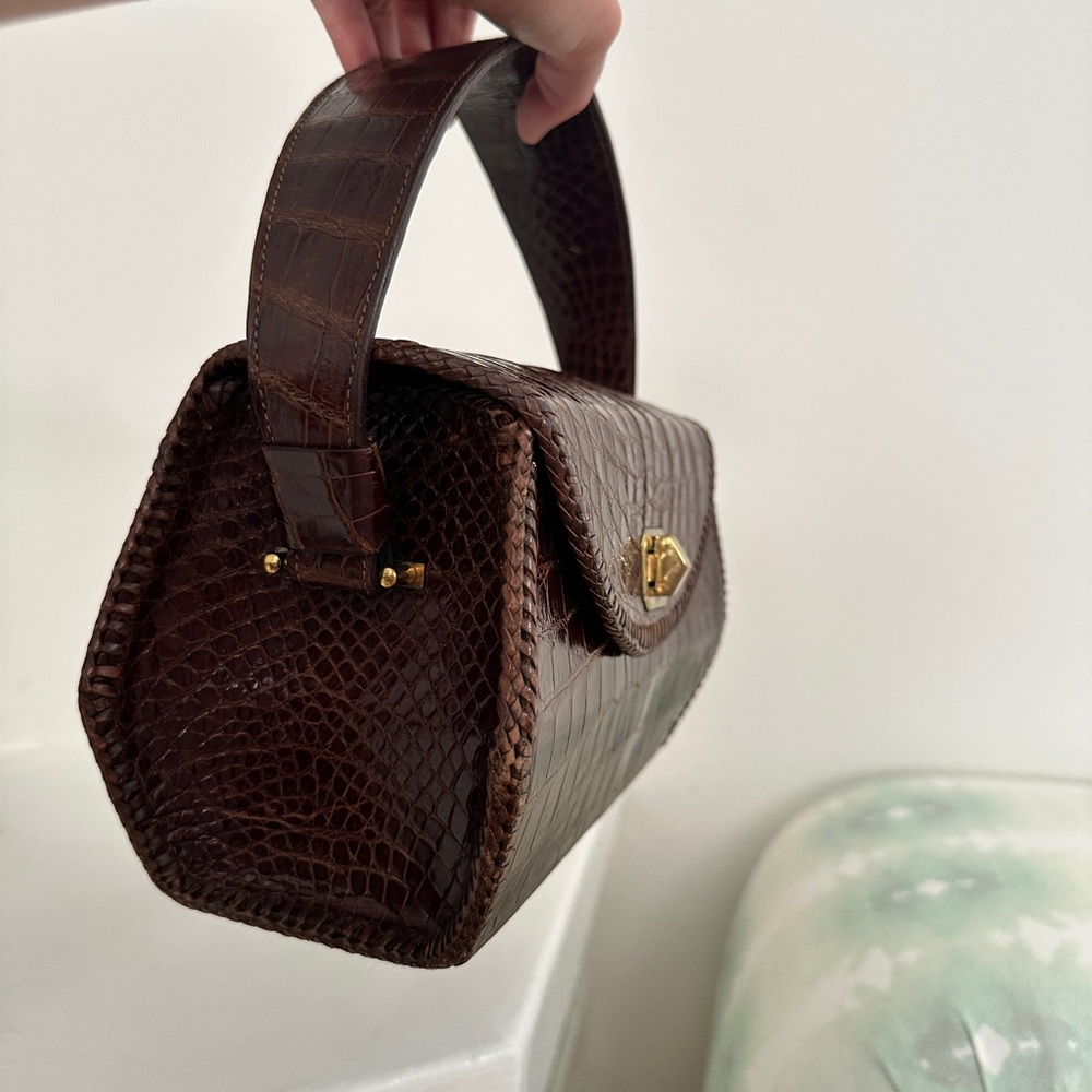 Vintage 🤎 Croc-Embossed Brown Leather Top-Handle Bag - Picture 7 of 10